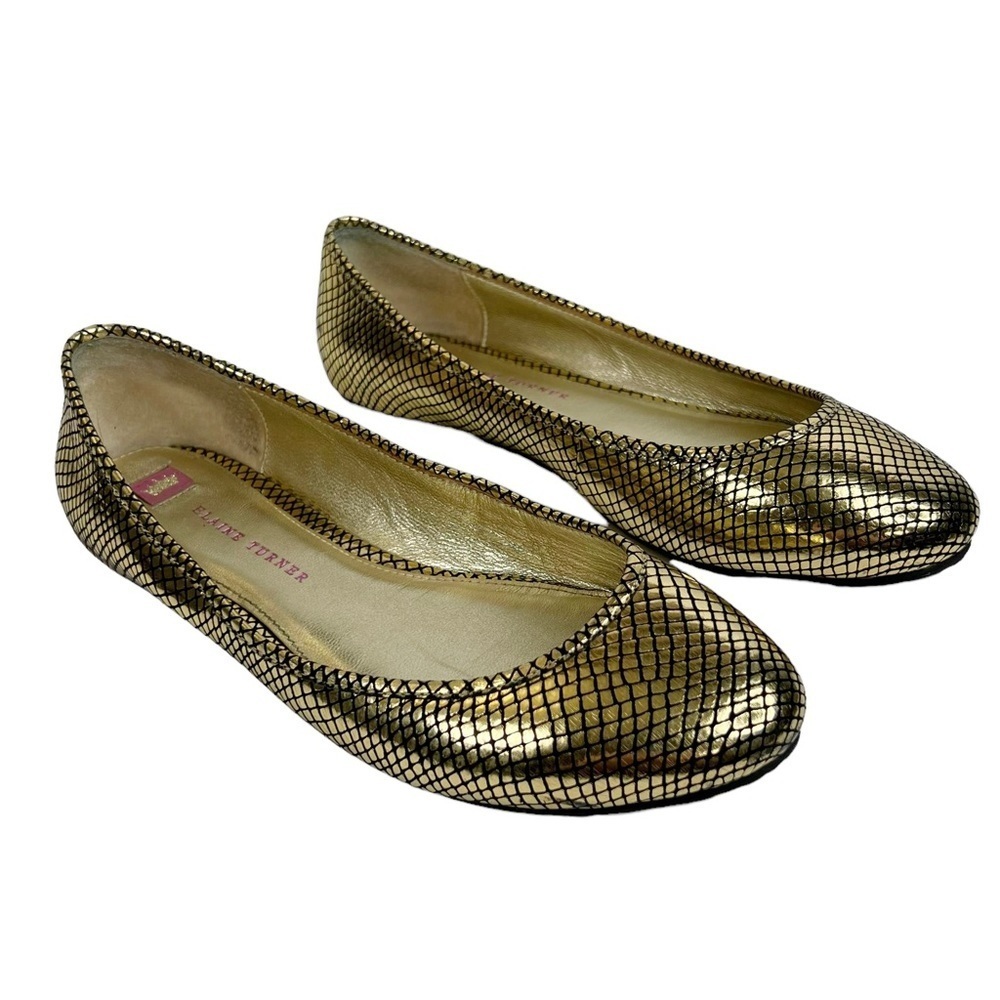 Elaine Turner Metallic Gold Snake Print Reptile Embossed Flats
